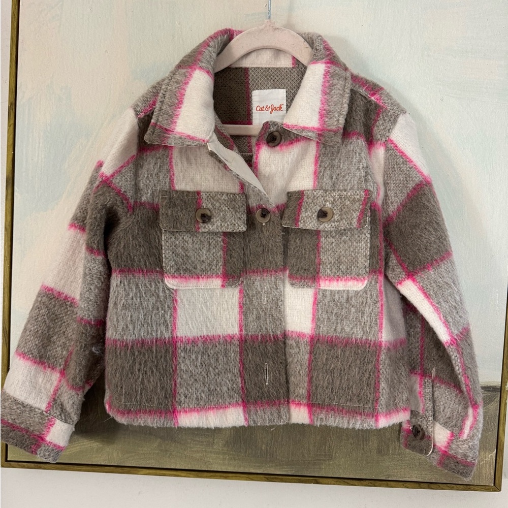 CAT & JACK Pink Tan Neutral Plaid Fuzzy Button Down Shirt Jacket Size 4/5 - Picture 2 of 5